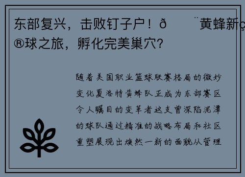 东部复兴，击败钉子户！🔨黄蜂新篮球之旅，孵化完美巢穴？